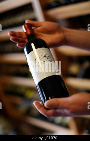Mains tenant une bouteille de vin, wineshop, Carlsbad, République Tchèque Banque D'Images