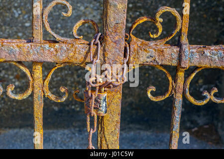 Grille rouillée avec chaîne et cadenas Banque D'Images