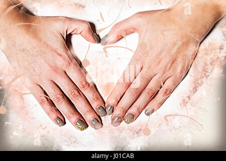 Les mains dans la forme de coeur. Contexte aquarelle Banque D'Images