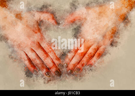 Les mains dans la forme de coeur. Contexte aquarelle Banque D'Images