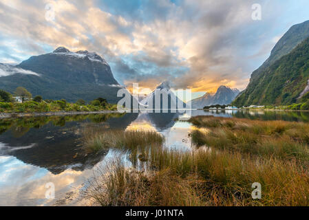 Mitre Peak reflétant dans l'eau, coucher de soleil, Milford Sound, Fiordland National Park, Te Anau, Southland Southland, Région Banque D'Images