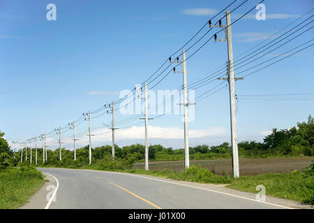 Rangée de fil côté pôle road sur la campagne environnante avec ciel bleu Banque D'Images