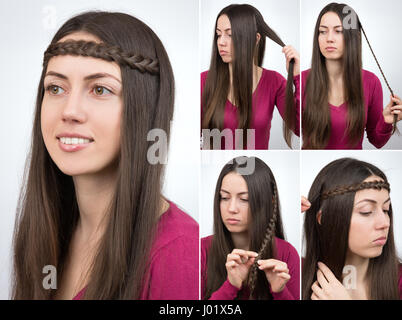 Coiffure simple cerceau tressé tutoriel étape par étape. Coiffure pour cheveux longs. Boho style hippie ou Banque D'Images