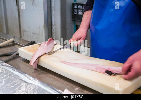 Vendeur de poisson court avec un couteau sur le marché de Cadix, Andalousie, Espagne Banque D'Images