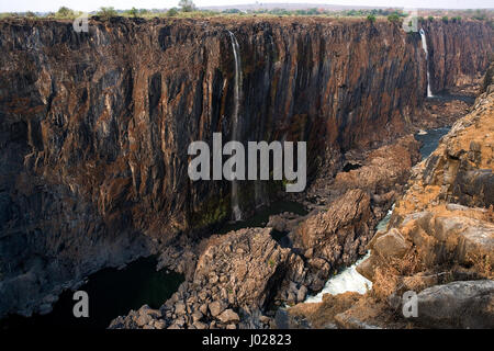 Chutes Victoria en grave sécheresse. Tir rare. Parc national de MOSI-oa-Tunya.Zambiya. Et site du patrimoine mondial. Zimbabwe. Banque D'Images