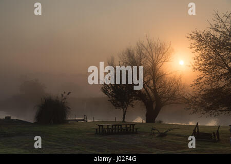 Stibbington, España. Dimanche 9 avril 2017. UK : météo Brouillard lever du soleil sur la rivière Nene, attend ronchonner, le brouillard disparaît. Credit : WansfordPhoto/Alamy Live News Banque D'Images