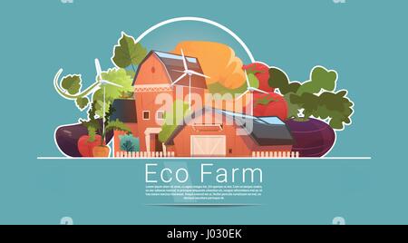 L'agriculture écologique, maison de ferme, les terres agricoles à la station d'énergie renouvelable Éolienne Illustration de Vecteur