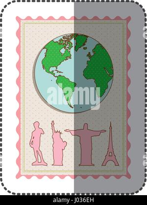 Cadre pastel couleur autocollant avec carte du monde et l'ensemble de l'Organisation mondiale vue icônes Illustration de Vecteur