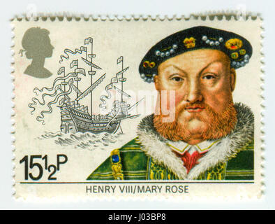 GOMEL, BÉLARUS, le 9 avril 2017. Stamp imprimé au Royaume-Uni montre l'image de Henry VIII (28 juin 1491 - 28 janvier 1547) fut roi d'Angleterre du 21 avril 1 Banque D'Images