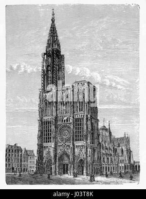 La gravure de la cathédrale de Strasbourg Vintage en France, construit dans l'architecture romane et gothique décoré de milliers de figures sculptées, achevée en XV siècle. Banque D'Images