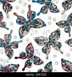 Les modèles sans couture avec papillons. Divers papillons et fleurs sur fond blanc. Illustration de Vecteur