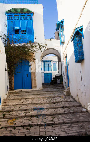 Tout blanc avec garniture bleue, les Maures (ou peut-être d'inspiration grecque) une colline de Sidi Bou Saïd est une colonie d'artistes et pas seulement hanter touristique populaire Banque D'Images