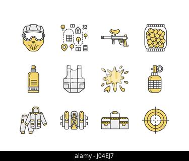 Icônes de ligne de jeu de paintball. L'équipement de sport de plein air, paint ball marker, uniforme, masque, protection de la poitrine. Loisirs extrêmes signes linéaires minces Illustration de Vecteur