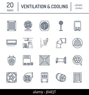 Ligne de matériel de ventilation d'icônes. Climatisation, dispositifs de refroidissement, ventilateur d'évacuation. Ménage et ventilateur industriel linéaire minces panneaux pour stocker Illustration de Vecteur