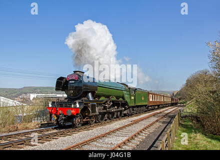 A3 60103 Flying Scotsman quitte Kingsbridge avec DEO 90733 voyage au Keighley & Worth Valley Railway le 8 avril 2017. Banque D'Images