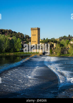 Porta San Niccolo tower gate sur les rives du fleuve Arno, qui faisait partie de la 14e siècle mur défensif autour de la ville médiévale de Florence, Toscane Banque D'Images