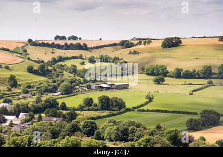 Niché au milieu de cerne abbas champs et pâturages dans la vallée de cerne sous les collines du Dorset Downs de l'Angleterre. Banque D'Images