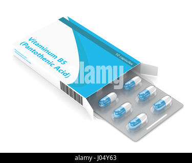 Le rendu 3D de la vitamine B5 comprimés en plaquettes thermoformées sur fond blanc Banque D'Images