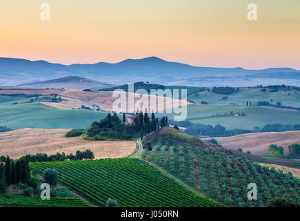 La vue classique du paysage pittoresque de la Toscane avec célèbre ferme au milieu de collines et de vallées idylliques dans la belle lumière du matin au lever du soleil d'or Banque D'Images