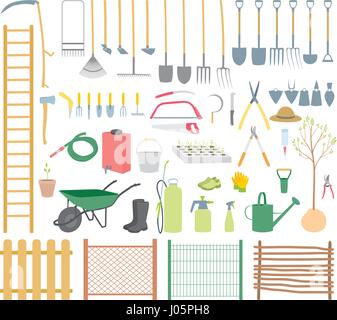 Divers outils agricoles pour l'ensemble de jardin. Vector Illustration Illustration de Vecteur