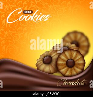 Cookies au beurre de chocolat avec motif floral sur toile. L'emballage, l'étiquette ou l'affiche publicitaire design. L'orange vif et jaune fond biscuit Illustration de Vecteur