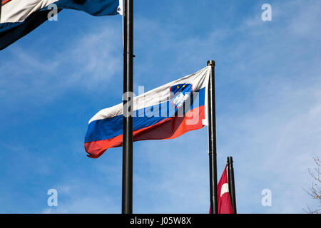 Drapeau slovène sur un mât à l'extérieur Banque D'Images