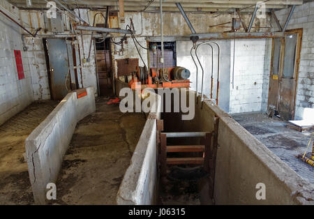 New York, USA : images et vidéo étrange ont révélé les vestiges d'une abandonné longtemps oublié-abattoir. La hantise des photos et d'images montrent la machinerie de rouille laissées notamment cuves, fans et même les lames tranchantes tandis qu'un tas de hoof des os peut être vu sur l'assassinat de chaussée. Des rangées de casiers individuels sont encore vide à l'intérieur du bâtiment tandis que l'horloge machine ressemble à elle pourrait avoir du mal à m'enregistrer le début de votre quart de travail. La spooky des coups de feu ont été prises à un abattoir abandonné au Nebraska, USA par le photographe Jim Sullivan (36) de Los Angeles. Banque D'Images