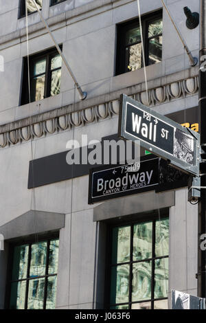 Plaque de rue à l'intersection de Broadway et Wall Street Banque D'Images