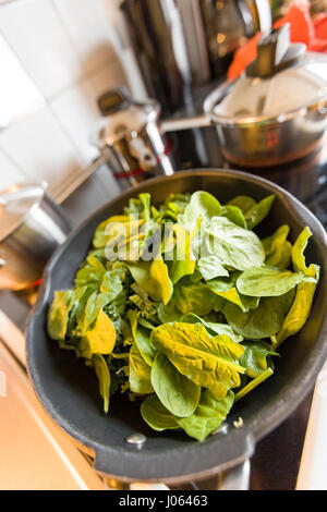 Close up of poêle remplie de chou vert et les épinards communiqué de modèle : N° des biens : Non. Banque D'Images