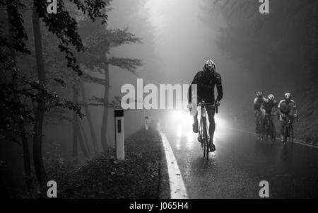 Un professionnel de la course cycliste en montagne Geisberg brumeux et pluvieux au vélo de course race près de Salzbourg, en 2015 Geisberg-Rennen Banque D'Images