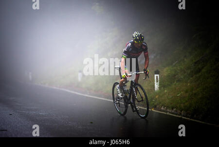 Un professionnel de la course cycliste en montagne Geisberg brumeux et pluvieux au vélo de course race près de Salzbourg, en 2015 Geisberg-Rennen Banque D'Images