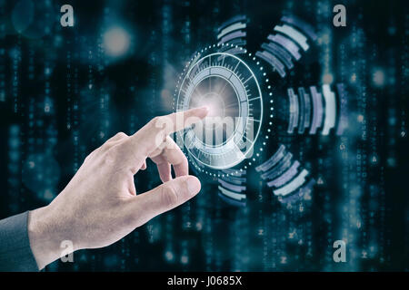 La main coupée de businessman touching digital écran contre l'image numérique de bouton de volume Banque D'Images