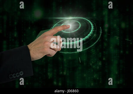 Businessman hand gesturing contre générées numériquement et matrice bleu noir Banque D'Images