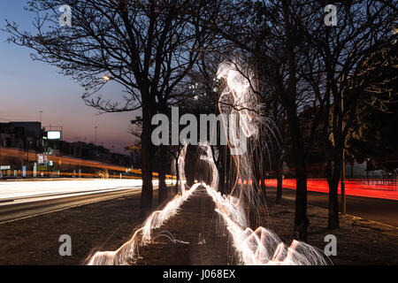 PLATEAU CENTRAL brésilien, BRÉSIL : Nature et science ont fusionné en tant que photographe utilise fireworks tirés depuis les arbres pour leur faire purger la lumière. Les photos montrent des arbres et magique un lac illuminé par la lumière-sentiers à partir de Fireworks dans divers endroits au Brésil, le Plateau Central d'un paysage riche en faune couvrant la majeure partie de l'Est, centrale et sud du Brésil. Photographe Local Vitor Schietti artifice agité manuellement avec l'aide d'une longue tige pour créer les modèles en couches et tourbillonnant jusqu'à douze photographies d'atteindre la finale la collection de photos est appelée 'Impermanent Banque D'Images