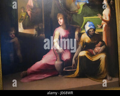 La 'Natività di Maria' de Beccafumi (c. 1530) est un retable de la Renaissance représentant la Nativité de la Vierge Marie. Cette œuvre reflète le style maniériste distinctif de l’artiste, caractérisé par des formes allongées et une profondeur émotionnelle. Banque D'Images