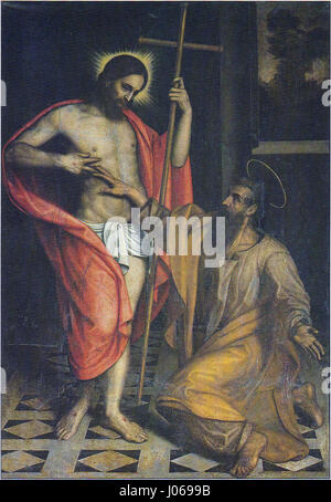 Incredulità di San Tommaso (L'incrédulité de Saint Thomas) de Marco Richiedei dépeint le moment biblique où Saint Thomas doute de la résurrection du Christ. La peinture met en valeur une émotion dramatique et un symbolisme religieux intense. Banque D'Images