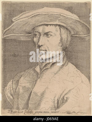 Cet autoportrait, créé dans le style de Lucas van Leyden d’après Albrecht Dürer, met en valeur la capacité de l’artiste à combiner les techniques de la Renaissance nordique avec son propre style expressif. Il présente des détails méticuleux et des textures riches. Banque D'Images