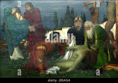 *Beweinung unter dem Kreuz* (Lamentation sous la croix) d’Arnold Böcklin est une peinture puissante représentant la scène douloureuse du corps du Christ descendu de la croix. L’utilisation de la couleur et des tons sombres par Böcklin capture le moment douloureux avec une émotion intense. Banque D'Images