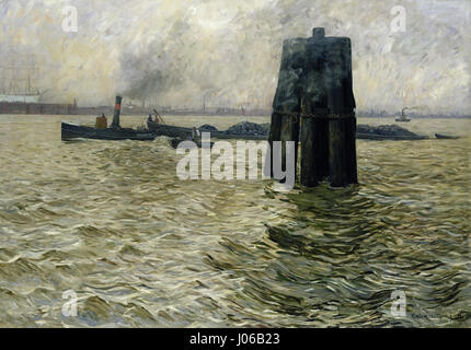 'Dickdalben im Hamburger Hafen' de Leopold von Kalckreuth (1894) dépeint le port animé de Hambourg avec ses piliers de quai emblématiques, capturant l'atmosphère industrielle du port à la fin du XIXe siècle. Banque D'Images