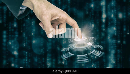 Businessman gesturing contre composite image de bouton de volume Banque D'Images