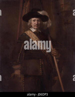 « The Standard Bearer » de Rembrandt représente une figure militaire tenant un drapeau, soulignant la force et la dignité du sujet. La peinture reflète la maîtrise de Rembrandt de la lumière et de l’ombre, renforçant la présence émotionnelle de la figure. Banque D'Images
