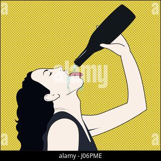 Femme potable avec bouteille ouverte dans une main Illustration de Vecteur