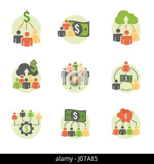 Les gens qui travaillent ensemble pour financer différentes idées en ligne w/ Argent Icon Set Illustration de Vecteur