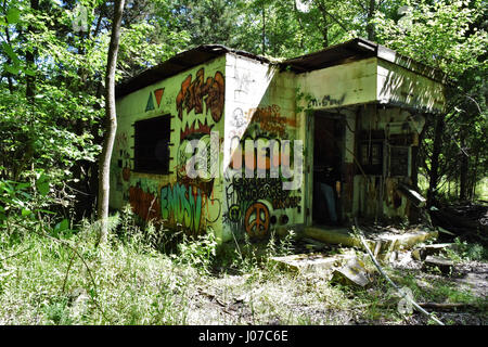 Bâtiment en ruine recouvert de graffitis. Virginie, USA : hantise photos et vidéos montrent l'abandonné WW2 US base militaire où près d'un million et demi de passé par le personnel sur leur chemin vers le front de l'Ouest. Les images étranges et vertigo video show induisant la demeure délabrée de Patrick Henry Camp dans une forêt dans le comté de Warwick, en Virginie, qui pourrait une fois accueillir jusqu'à 35 000 hommes à un moment donné, alors qu'il agissait comme une mise en scène des troupes au sol. Les photos montrent comment la base désaffectée a été attaquée par des vandales avec tous les graffitis sur les bâtiments. Video du point de vue d'un brave explorer s Banque D'Images