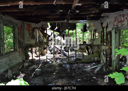 Vestiges d'un bâtiment à la base. Virginie, USA : hantise photos et vidéos montrent l'abandonné WW2 US base militaire où près d'un million et demi de passé par le personnel sur leur chemin vers le front de l'Ouest. Les images étranges et vertigo video show induisant la demeure délabrée de Patrick Henry Camp dans une forêt dans le comté de Warwick, en Virginie, qui pourrait une fois accueillir jusqu'à 35 000 hommes à un moment donné, alors qu'il agissait comme une mise en scène des troupes au sol. Les photos montrent comment la base désaffectée a été attaquée par des vandales avec tous les graffitis sur les bâtiments. Video du point de vue d'un brave explorer Banque D'Images