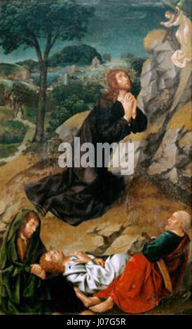 Cristo no Horto fait partie du polyptyque de la chapelle principale de la Sé de Viseu. Cette œuvre religieuse représente le Christ dans le jardin de Gethsémani, mettant l'accent sur les thèmes de la prière et du sacrifice. Banque D'Images