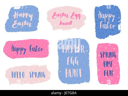 Un ensemble de bannières de Pâques colorés avec mignon messages. Bleu, rose et lavande coup de pinceau à la main les éléments de conception, isolé sur fond blanc. Illustration de Vecteur