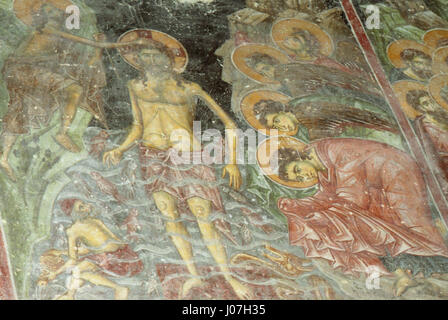 Les fresques de Nicolas de Varos offrent des représentations détaillées de scènes bibliques et de saints, mettant en valeur la riche iconographie et le symbolisme religieux de l'art byzantin. Banque D'Images