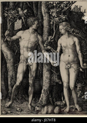 Adam et Eve debout de chaque côté de l'arbre de la connaissance avec le serpent par Albrecht Dürer Banque D'Images