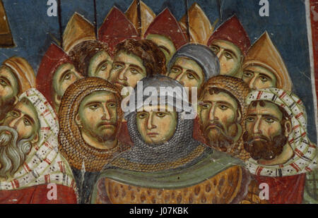 Les fresques de Nicolas de Varos représentent des scènes bibliques et historiques, mettant en valeur les influences byzantines et médiévales dans leur style artistique. Banque D'Images